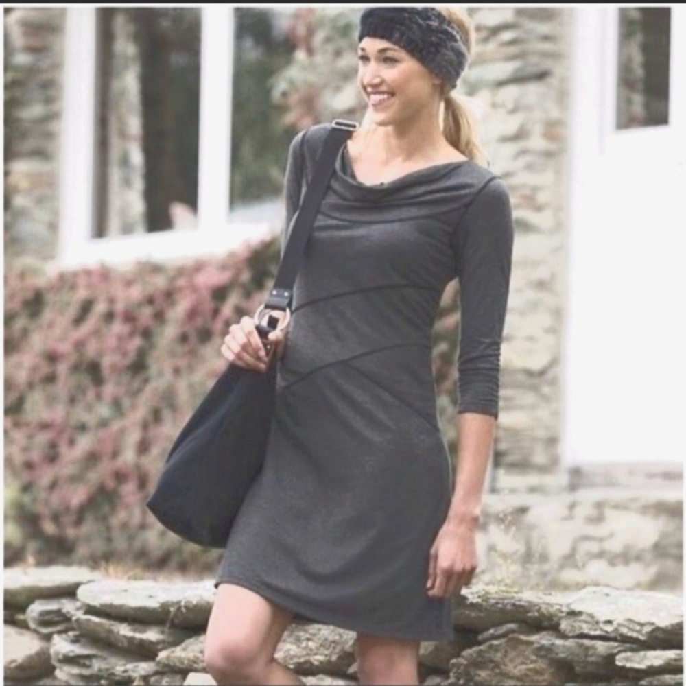 Athleta Ukiah Cowl Neck Jersey Grey Dress, women's Large, 3/4 ruched sleeve midi